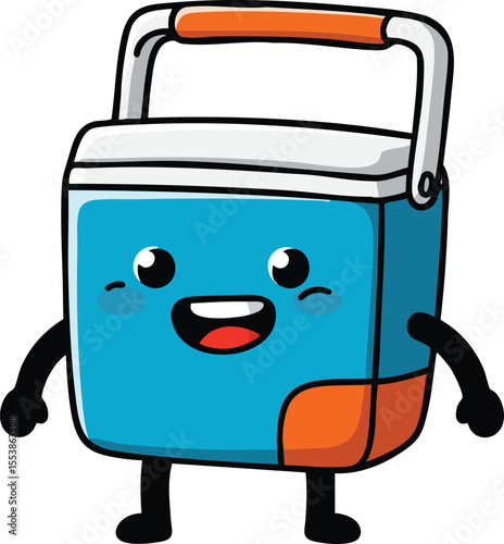 Cute blue and orange portable cooler with happy face cartoon character vector illustration 