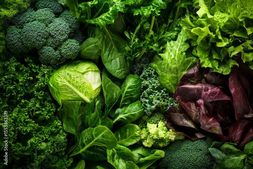 Fresh Assortment of Greens and Leafy Vegetables From a Local Market Displayed...