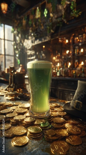 Festive Green Beer Served on a Bar With Gold Coins and St. Patricks Day Decor...