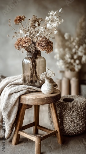 Rustic Wooden Stool With Dried Flowers in a Vase and Soft Textiles in a Seren...