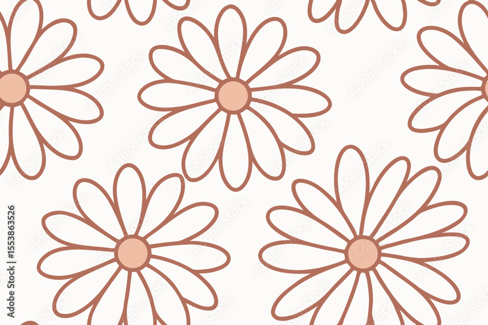 Daisy flower pattern repeating across a background with brown outlines and peach centers