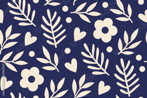 Beige floral and leaf pattern with hearts and dots on a dark blue background, seamless design