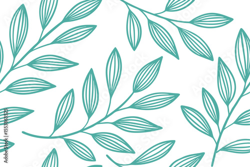 Teal Leafy Branches Pattern on Background with Linear Veins and Organic Shapes leaves
