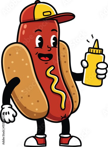 Hot dog cartoon character holding mustard bottle with red and yellow cap and sneakers vector illustration 