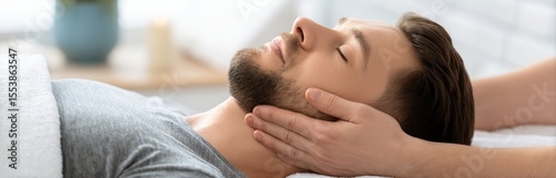 A panoramic view captures a chiropractor massaging the neck of a man who is lying on a grey area