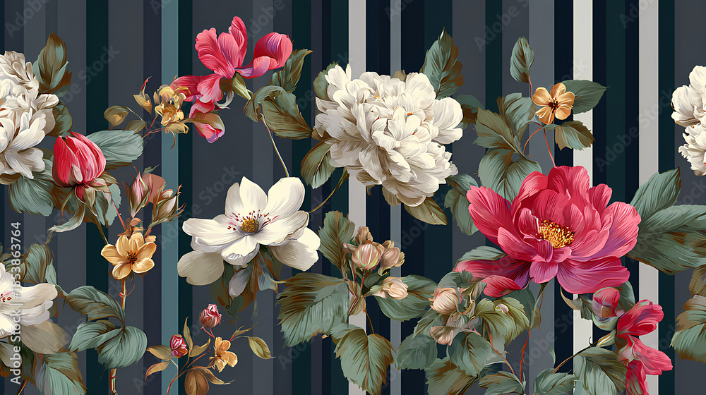 Fashion stylish vertical striped floral pattern with floral motifs. modern plant pattern for fashion, fabric, textile, wallpaper. Vintage striped pattern Stock Illustration