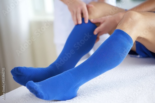 A football player's leg is receiving a massage from a physiotherapist, as seen in a partial hospital view