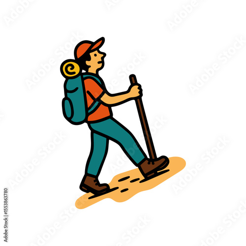 Man with backpack and trekking pole is hiking uphill. He wears a cap, shirt, pants, and boots. The scene is an isolated, hand drawn vector style
