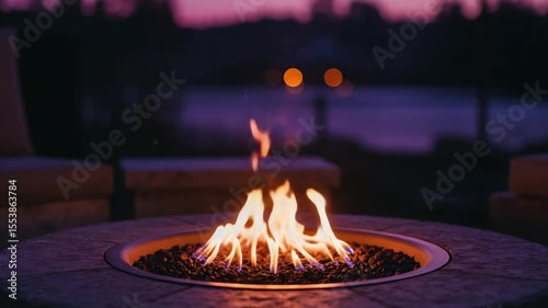 Outdoor fire pit burning at dusk, patio furniture blurred background