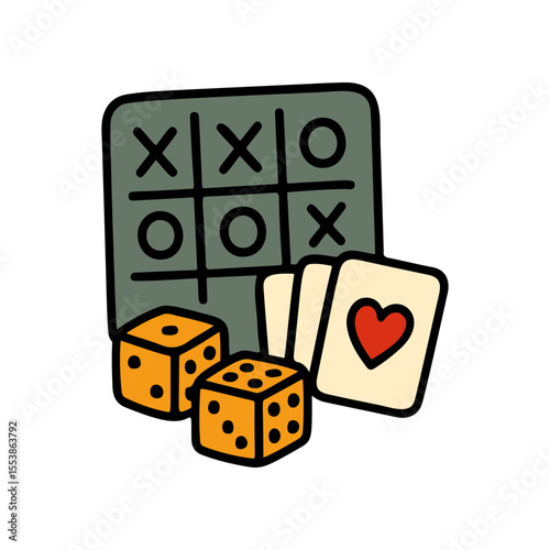 Hand drawn vector illustration includes a tic-tac-toe board, playing cards with a heart, and dice. Great for depicting games and friendly competitions