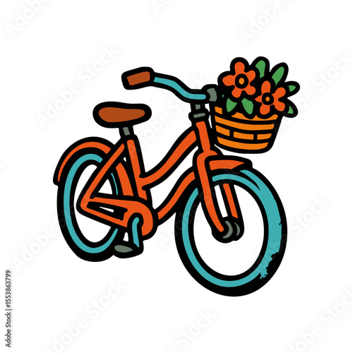 Hand drawn vector icon of a bicycle with a basket filled with flowers. The bicycle has colorful lines and an artistic, doodle style