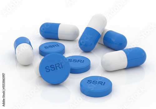 selective serotonin reuptake inhibitor, molecular structure. A close-up of blue and white capsules and tablets explicitly labeled 