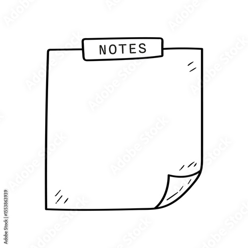 Vector drawing of a blank notes paper, with the word NOTES at the top and a curled bottom corner. The design is a simple hand drawn doodle