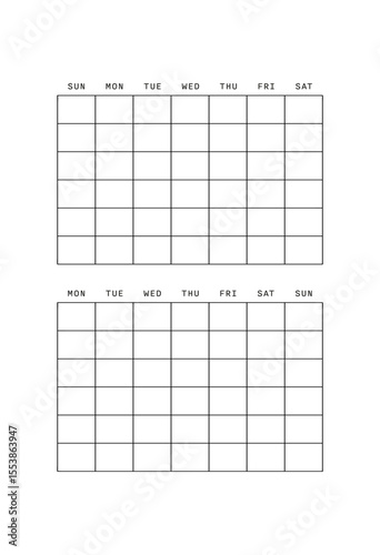 Two weekly calendars are displayed, one begins on Sunday and the other on Monday. Both calendars have blank grids for planning or scheduling