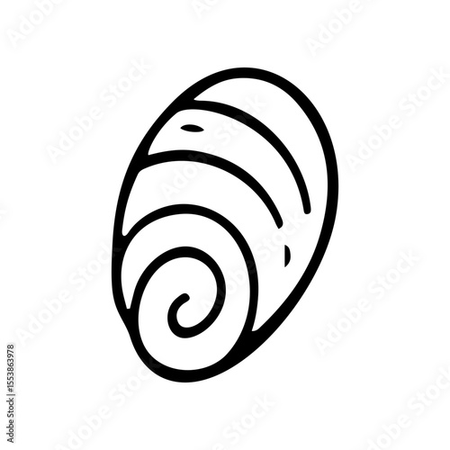 A seashell is presented as a simple black line drawing on a white background. It has a spiral pattern and rounded edges, making it an identifiable icon