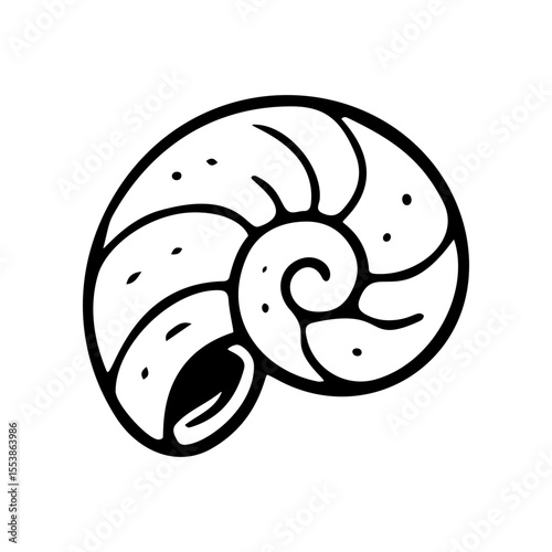 A simple line art doodle shows a nautilus shell with spiraling chambers and dotted design. Hand drawn style vector graphic for ocean or nature themed design