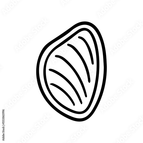 Depicts a minimalist, hand-drawn clam shell, outlined in black. The shell has several curved lines inside, isolated on a white background