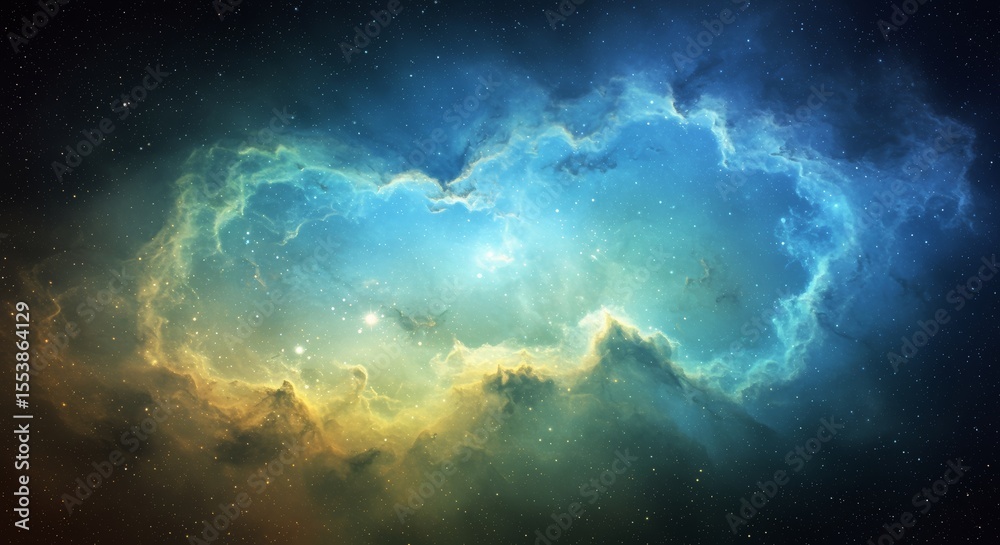 Fototapeta premium Vibrant Cosmic Nebula with Blue, Green, and Yellow Hues, Abstract Sky Art