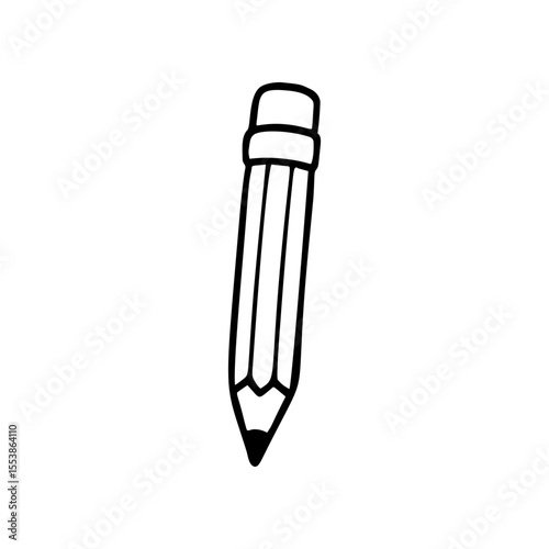 A simplistic, black and white, hand drawn vector illustration depicts a number two pencil, complete with an eraser on the top