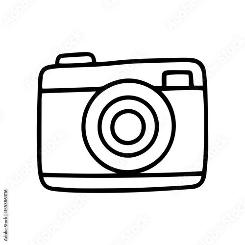 Isolated simple design shows a hand drawn camera icon. It's a vector doodle of a photography camera in a minimalist black line art style