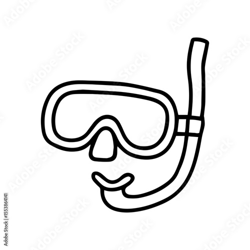 A simple, hand drawn doodle shows a snorkeling mask with a snorkel and lens. It is black outline on a white background in vector format