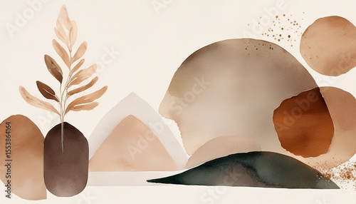 Wallpaper Mural nordic bohemian scandinavian minimalist abstract shapes watercolor in taupe and beige for simple decoration interior poster frame design Torontodigital.ca