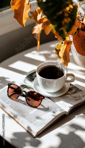 Warm Coffee Beside an Open Book With Sunglasses on a Sunny Table Adorned With...