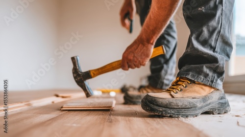 Ein Handwerker ist dabei, den Parkettboden zu verlegen, den Estrich mit Kleber einzustreichen und die Dielen mit Hammer und Schlagklotz zu verbinden