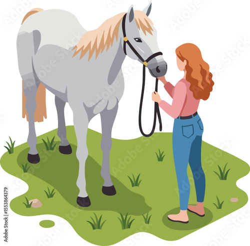 Woman interacting with gray horse on green grass outdoor scene vector illustration 