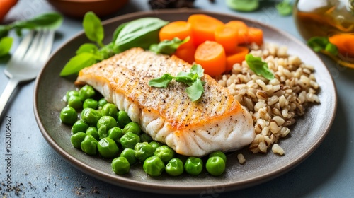 Colorful plate with baked fish, carrots, peas, and brown rice, nutrition concept generative ai