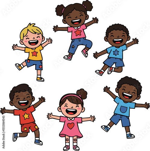 Group of diverse happy children jumping and playing with joy and excitement in colorful casual clothes vector illustration 