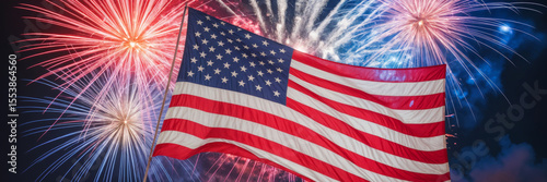 Fireworks display with the American flag waving in front, celebrating a festive atmosphere on the national holiday of the USA. 4th of july Background