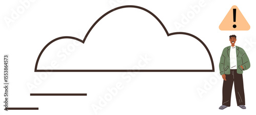 Person near a cloud outline with an exclamation mark warning, suggesting caution or attention. Ideal for cloud computing, security, awareness, caution, data safety, technology issues, simple flat