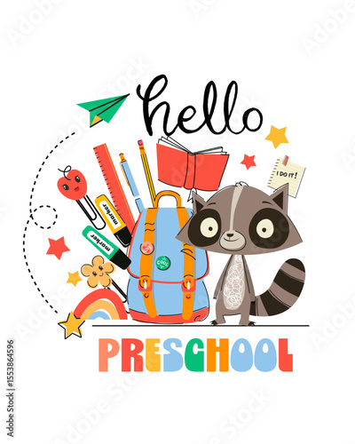 Hello Preschool – Cute Raccoon with Backpack and School Supplies Vector for Kids.Playful and colorful vector illustration featuring a smiling raccoon and joey with a backpack full of school supplies.