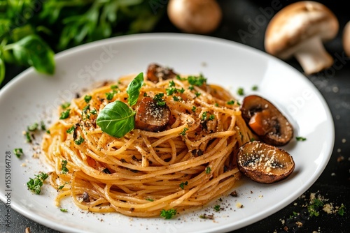 Delicious Spaghetti With Mushrooms and Herbs Served on a White Plate