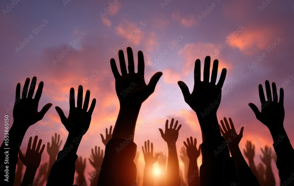 Fototapeta premium The business team is silhouetted in the sunset sky, their hands raised high above their heads in a gesture of triumph