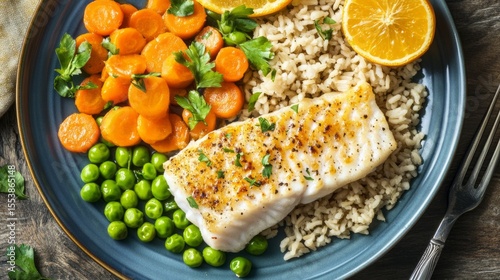 Colorful plate with baked fish, carrots, peas, and brown rice, nutrition concept generative ai