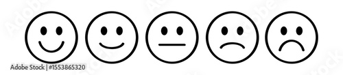 Five emoji faces, line art style. Happy, neutral, then sad
