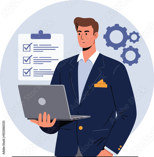 Businessman working on laptop with checklist and gears vector illustration in professional suit and orange pocket square