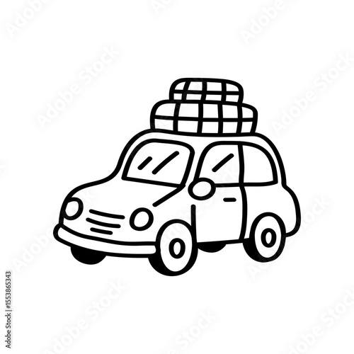 A simple, hand drawn line drawing of a small car with luggage strapped to the roof rack is ready for a fun Summer vacation or adventures during a Road Trip