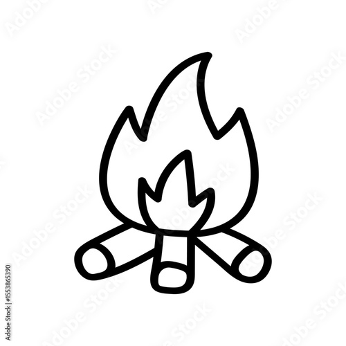 A hand drawn vector icon shows a campfire. Three logs are arranged with a flickering flame above them. The design is simple and in line art