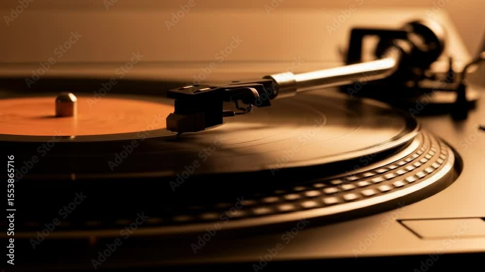 A seamless loop of a vintage turntable's tonearm and needle automatically lowering onto a spinning vinyl LP, captured with a warm, nostalgic light.