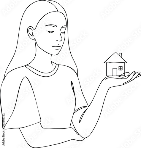 Woman holding small house symbolizing real estate investment and home ownership concept in minimal line art style 