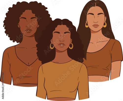 Diverse women with curly and straight hair wearing brown tops and gold hoop earrings in vector illustration 