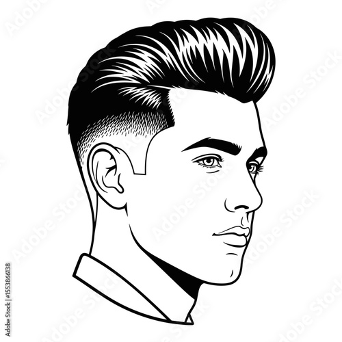 Classic pompadour with fade on the sides and glossy shine Profile portrait of a man with a pompadour hairstyle and fade, illustrated in black and white for hair salon theme.