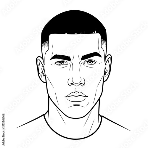 Buzz cut with strong facial features (clean and minimal) Portrait of a man with a buzz cut and a serious expression, illustrated in black and white for hair salon theme.