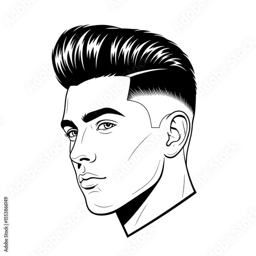Classic pompadour with fade on the sides and glossy shine Profile portrait of a man with a pompadour hairstyle and fade, illustrated in black and white for hair salon theme.