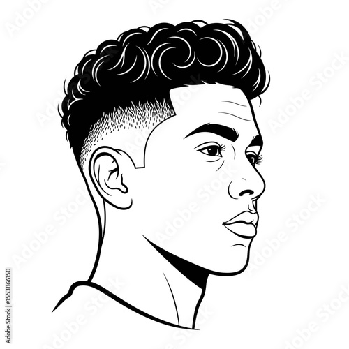 Taper fade with curls on top — stylish and fresh Profile portrait of a man with curly hair and a clean fade, illustrated in black and white for hair salon theme.