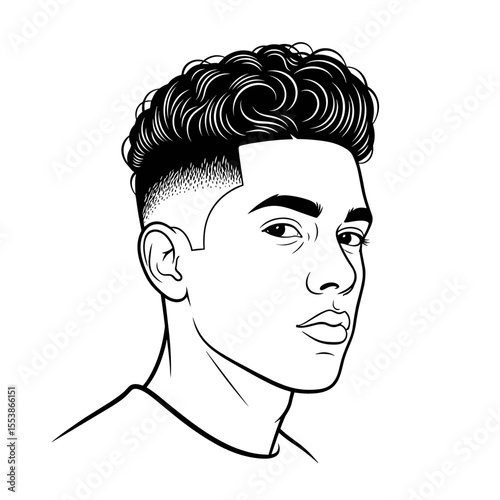 Taper fade with curls on top — stylish and fresh Profile portrait of a man with curly hair and a fade haircut, illustrated in black and white for hair salon theme.