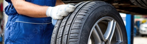 A cropped panoramic shot displays a mechanic in a workshop attaching a wheel to a car
